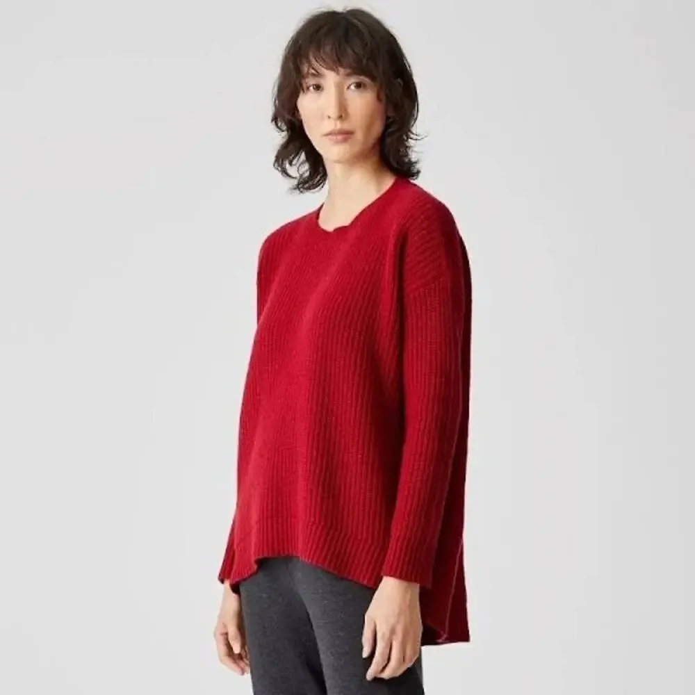 Eileen Fisher Cashmere/Wool Ribbed Textured Crew Neck Hi-Lo Sweater Red XS